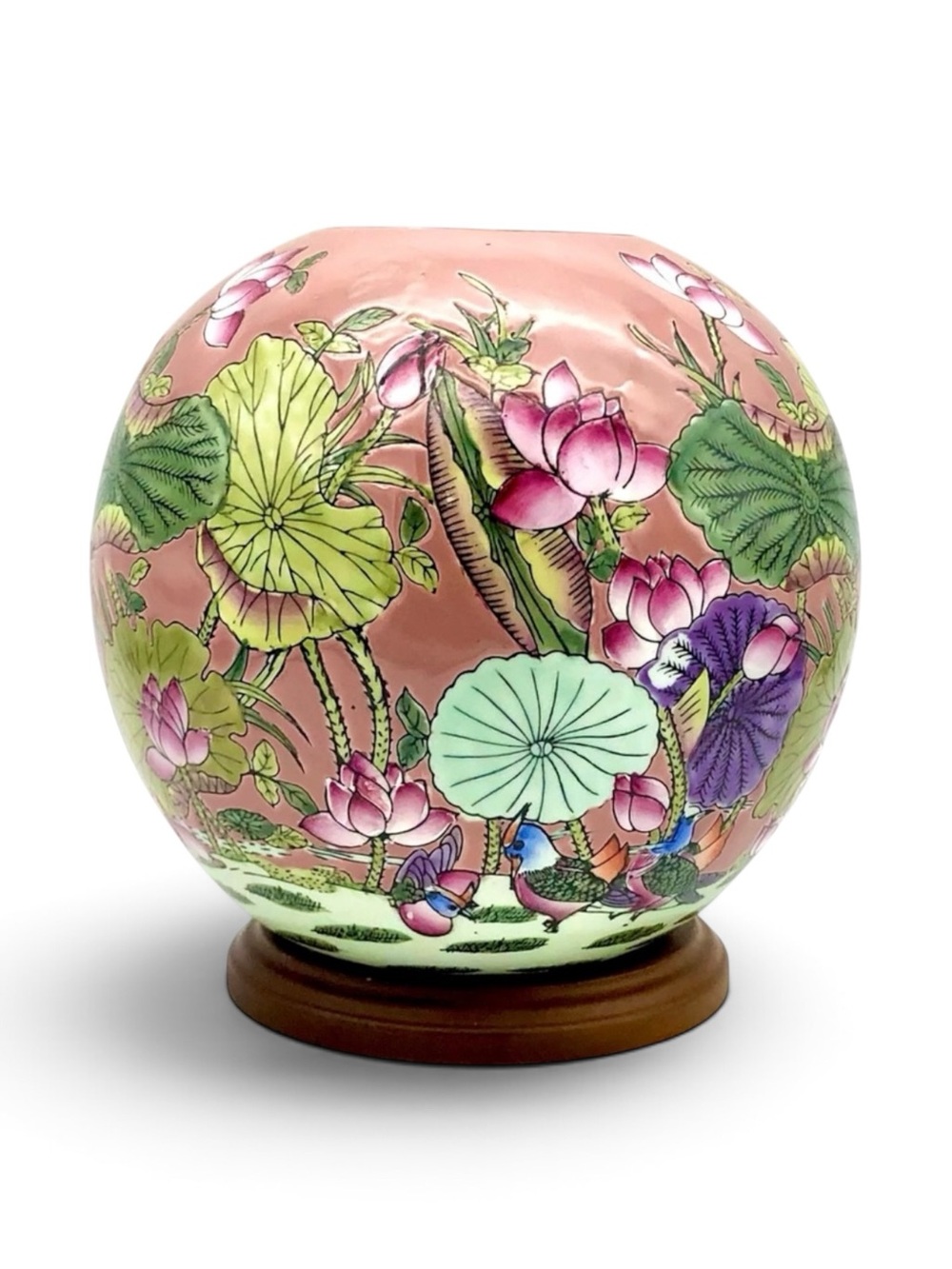 Chinese Porcelain Ball Vase Mauve Pink With Polychrome Florals And Birds Vintage